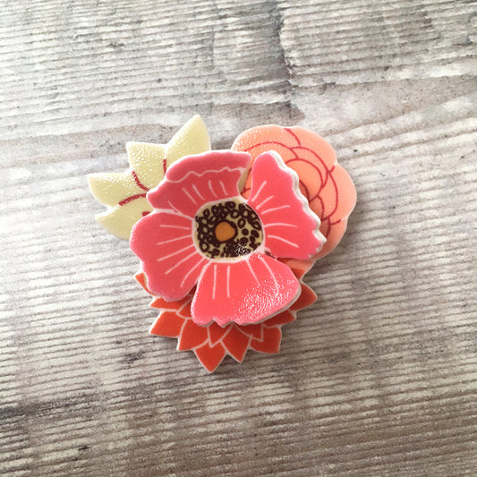 Pink orange flowers 3D brooch