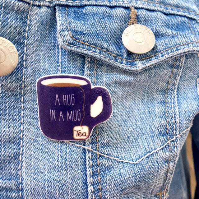 Hug in a mug tea lover brooch pin