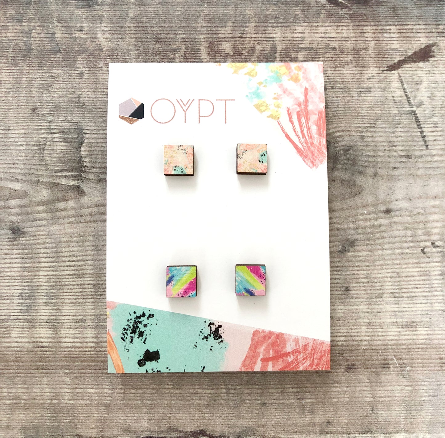 Abstract wooden square stud earring set