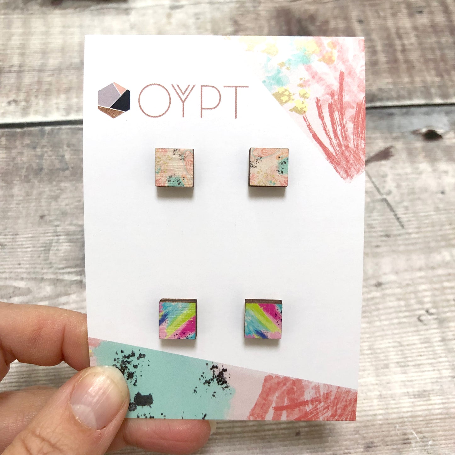 Abstract wooden square stud earring set