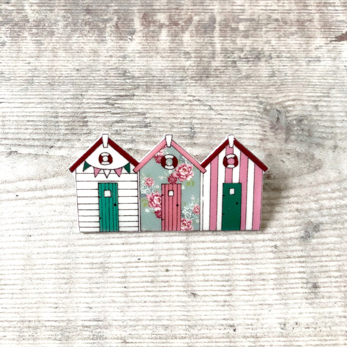 Floral beach huts pin badge - Summer brooch - Pink and green jewellery - Gift for her