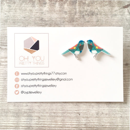 Blue bird lover geometric stud earrings - Cute teen gift