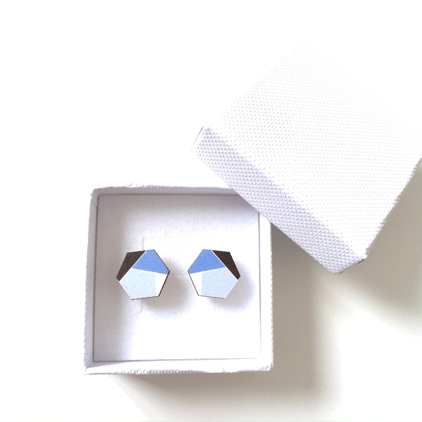 Blue hexagon wooden stud earrings - geometric jewellery