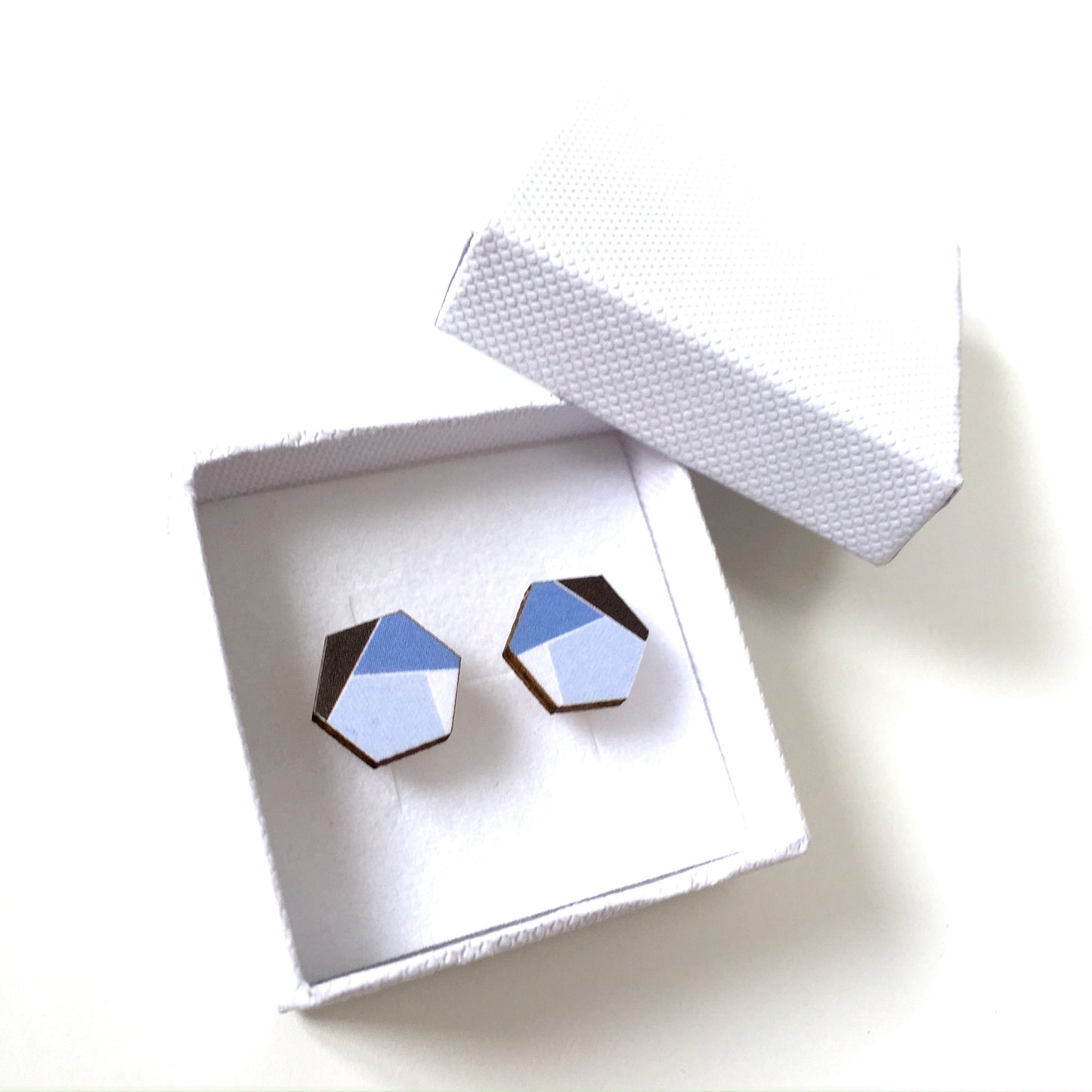 Blue hexagon wooden stud earrings - geometric jewellery