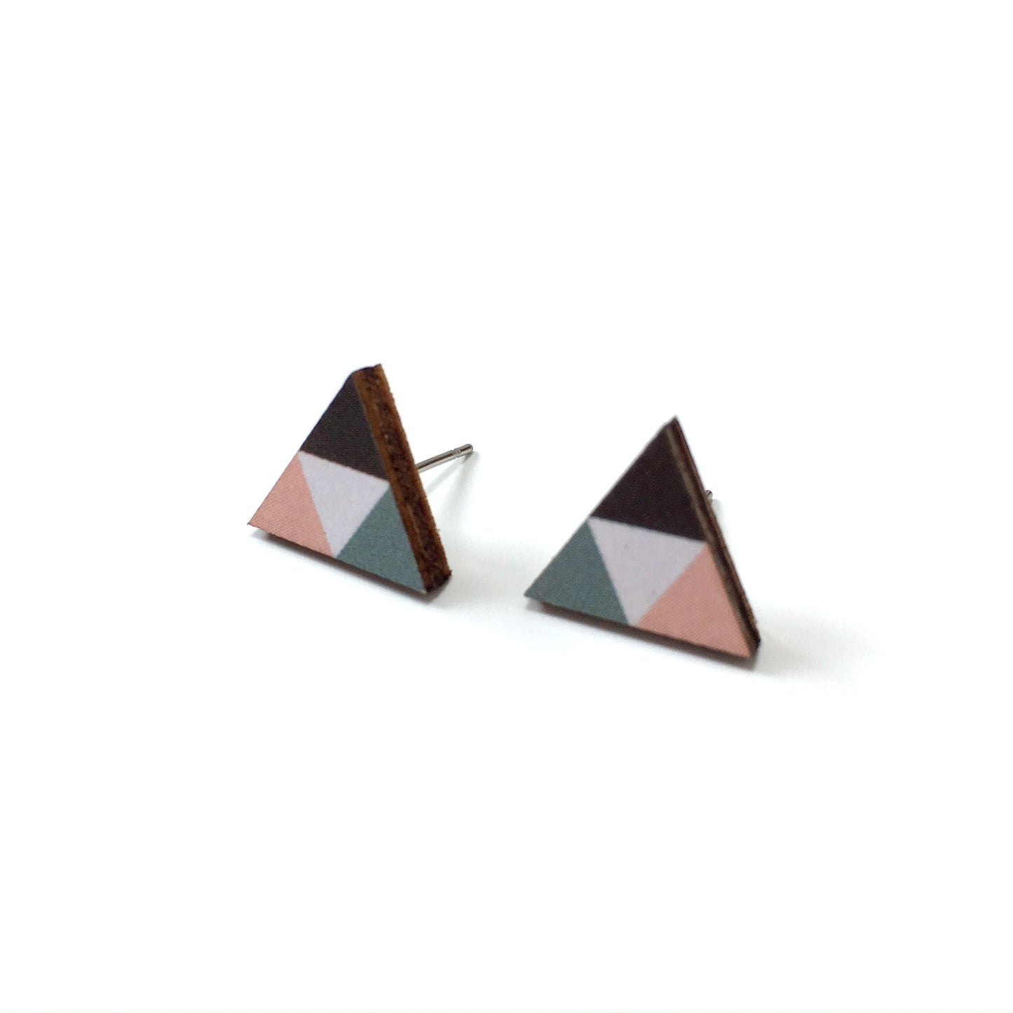 Pink and blue triangle laser cut wooden stud earrings
