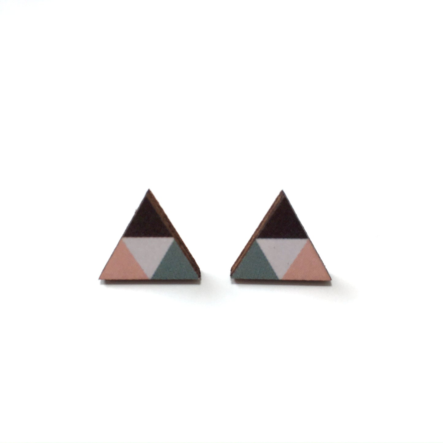 Pink and blue triangle laser cut wooden stud earrings