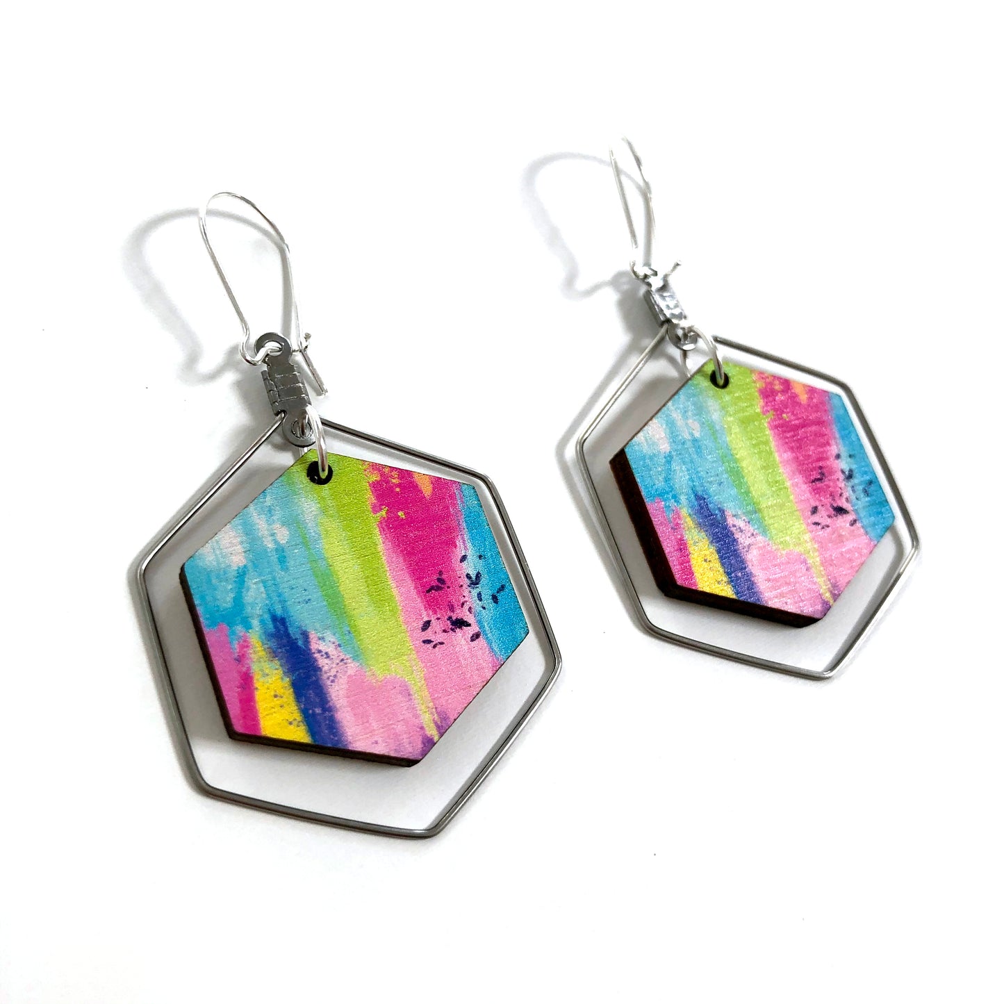 Bright colours abstract hexagon drop earrings