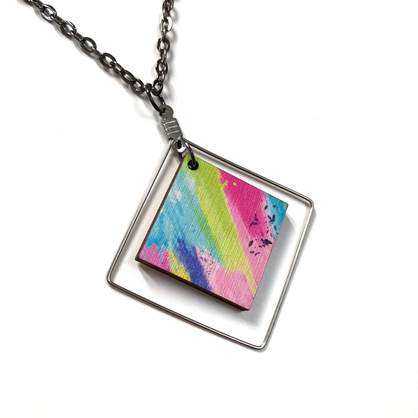 Blue abstract square pendant necklace