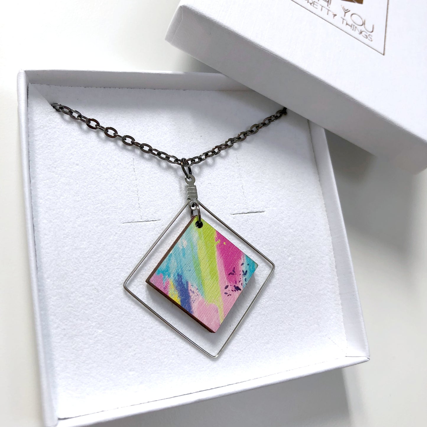 Blue abstract square pendant necklace