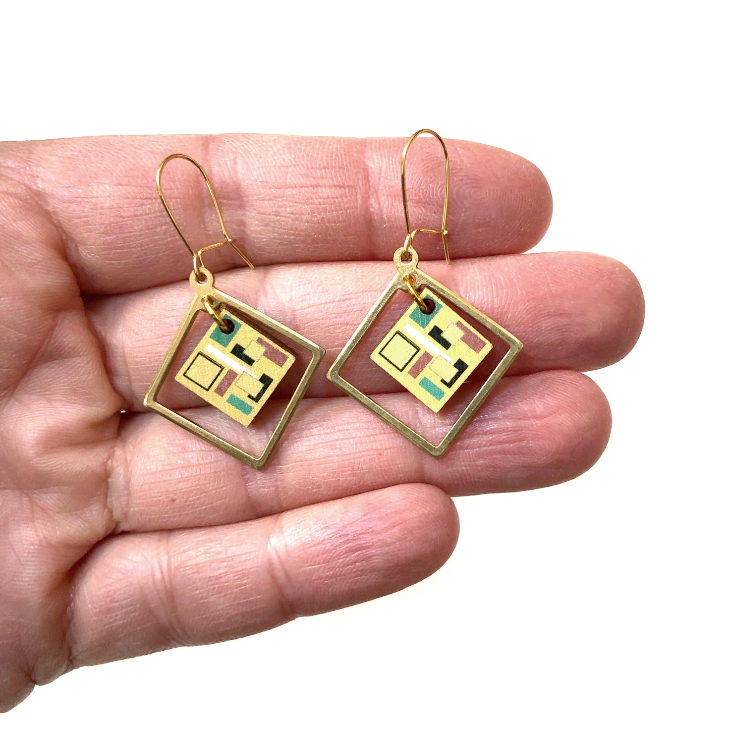 Yellow geometric square drop earrings