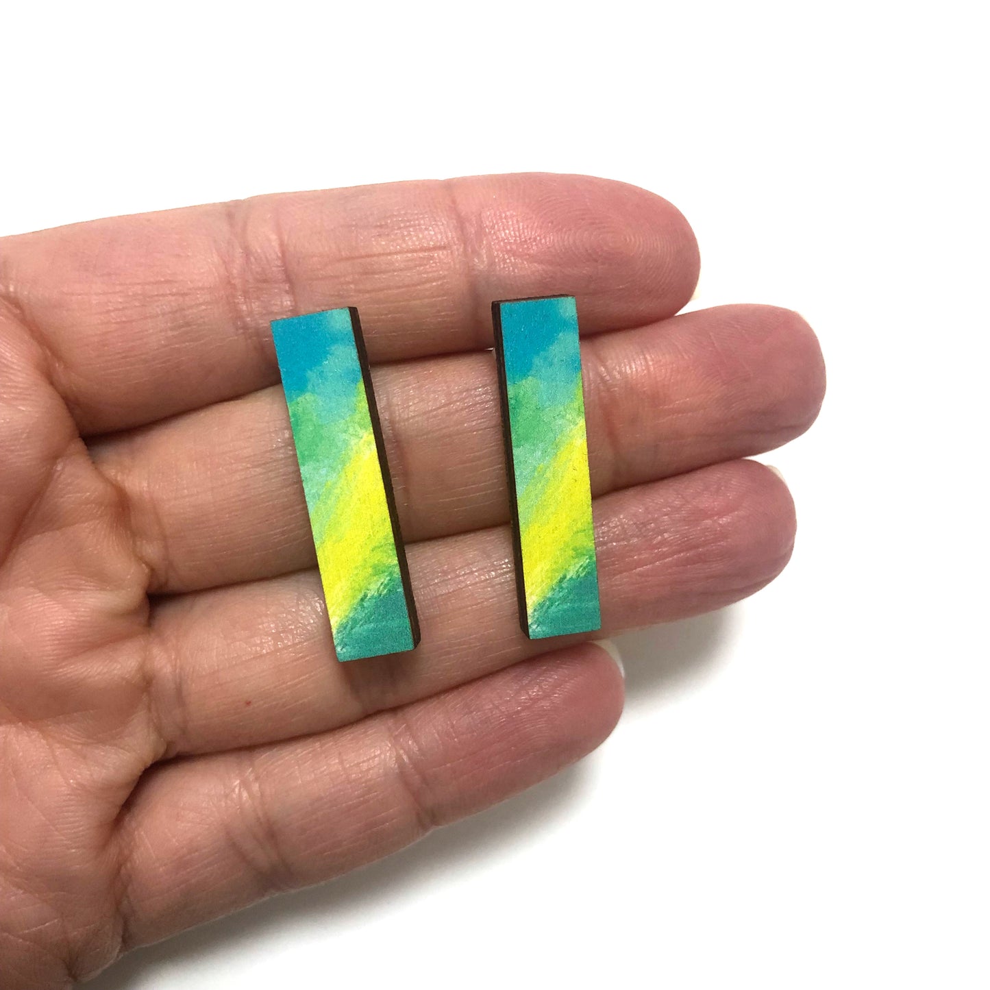 Green rectangle abstract design drop stud earrings