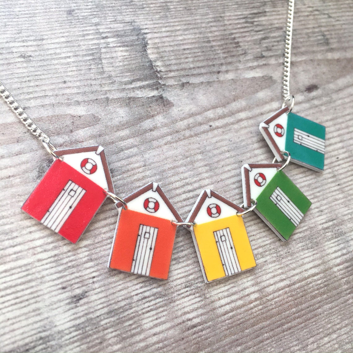 Beach hut necklace - Bunting necklace - Bright rainbow colours - Summer jewellery
