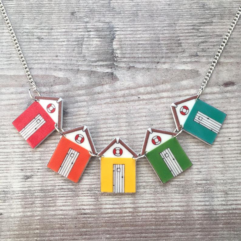 Beach hut necklace - Bunting necklace - Bright rainbow colours - Summer jewellery