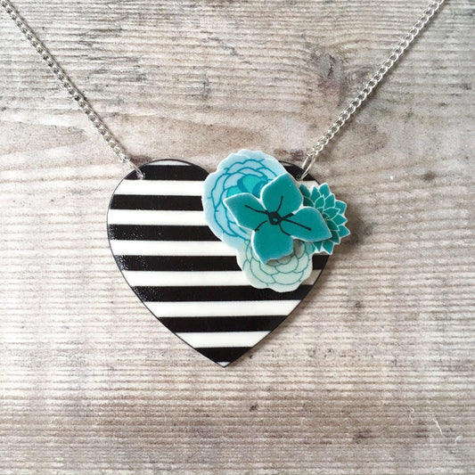 Stripes and flowers heart necklace