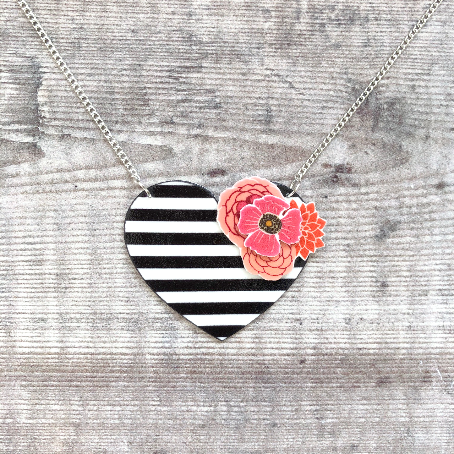 Striped heart necklace - Black and white - Valentine gift for her