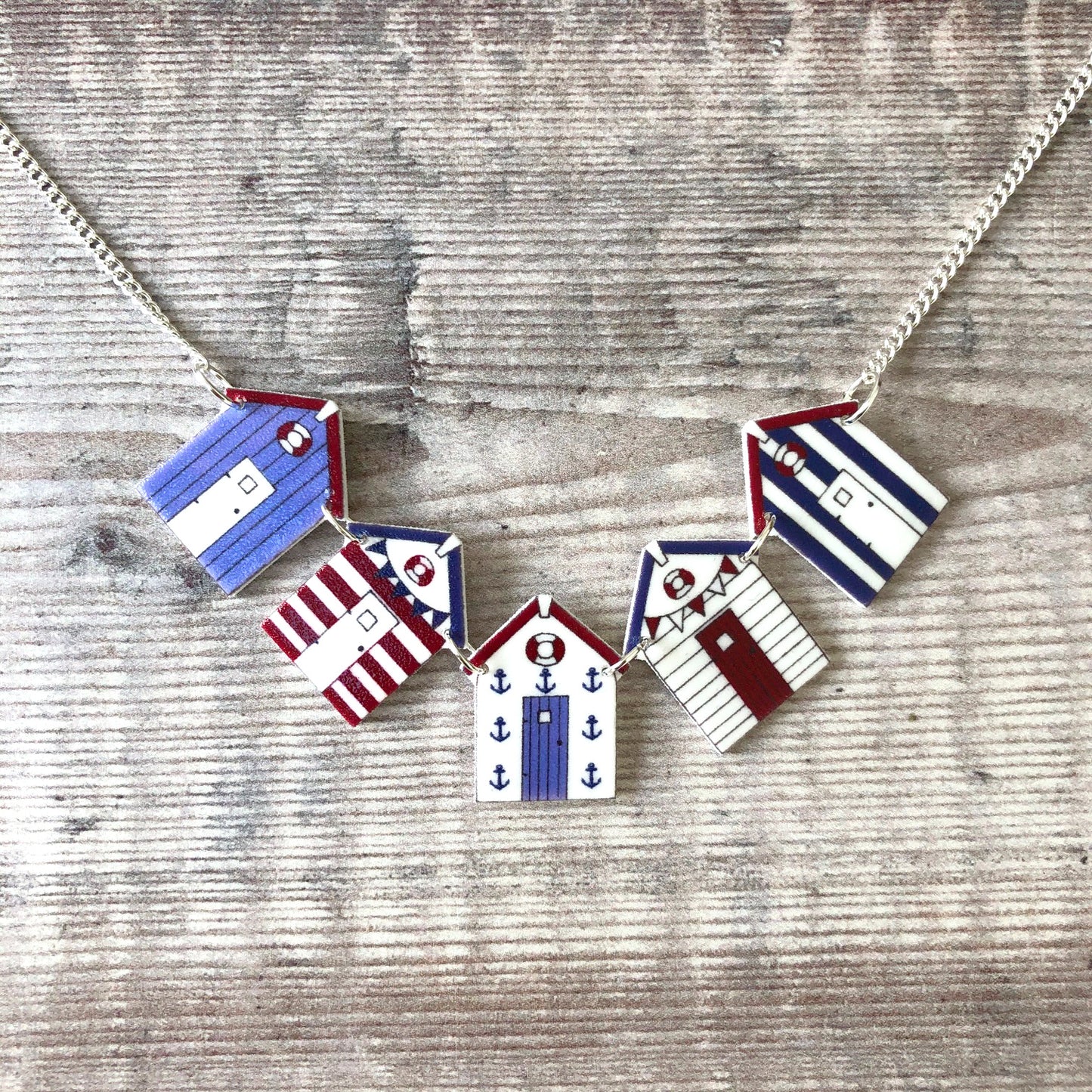 Beach hut necklace - Bunting necklace - Blue and red nautical colours - Summer jewellery