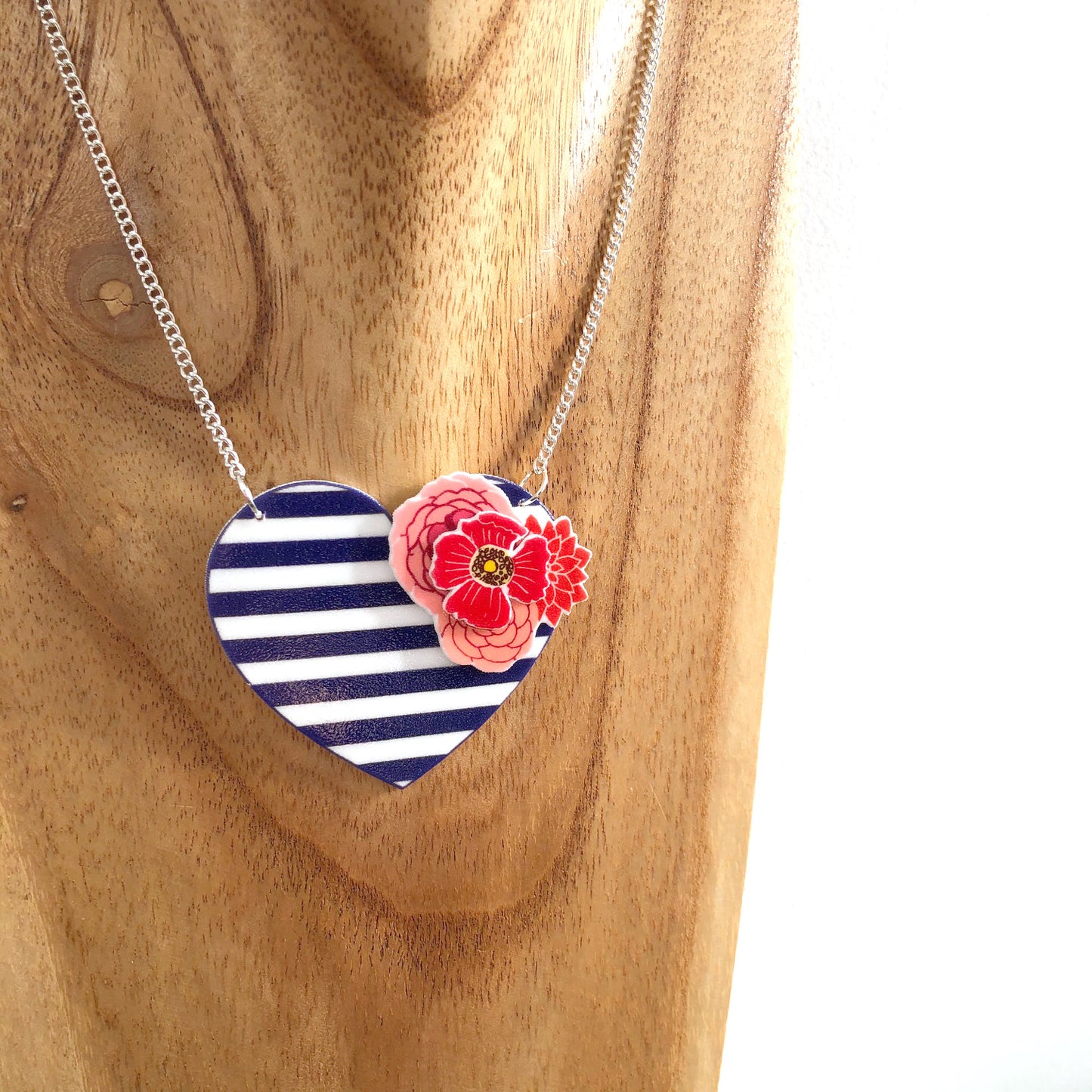 Navy nautical heart necklace - Stripes and flowers - Valentine gift for her