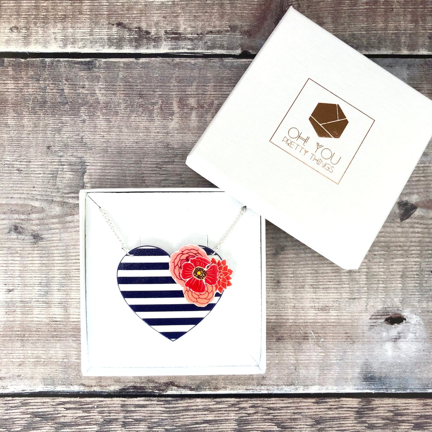 Navy nautical heart necklace - Stripes and flowers - Valentine gift for her
