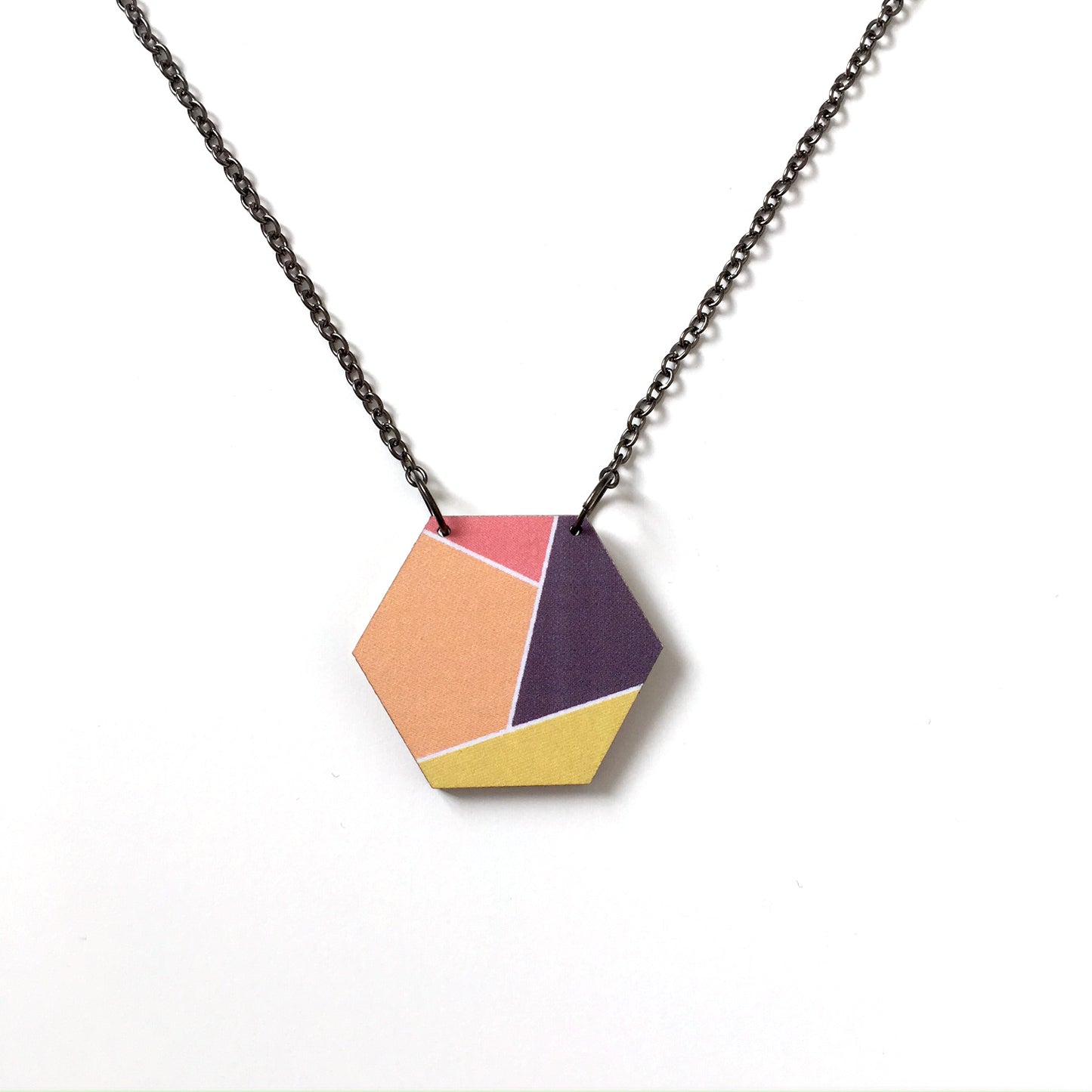 Geometric hexagon wooden pendant necklace