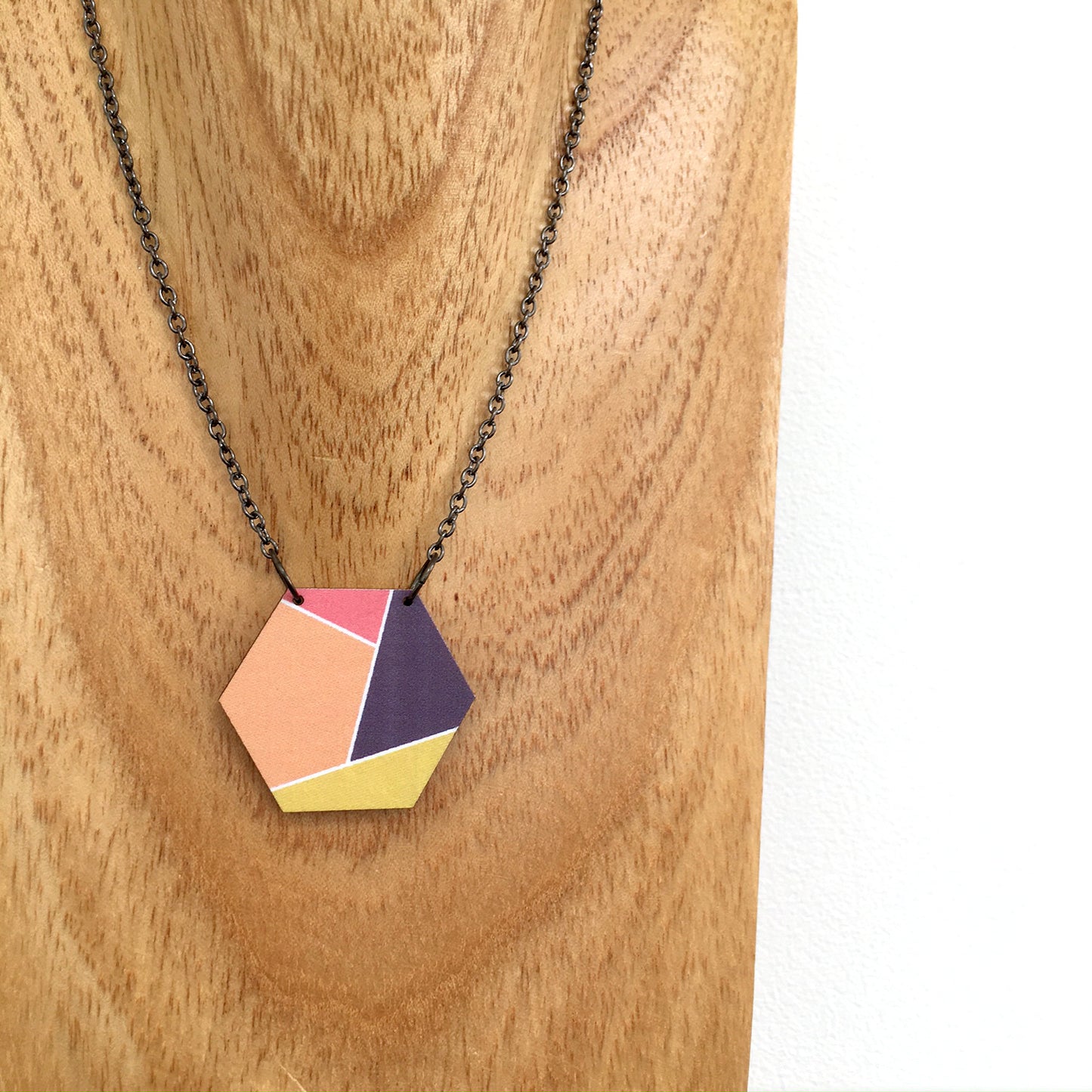Geometric hexagon wooden pendant necklace