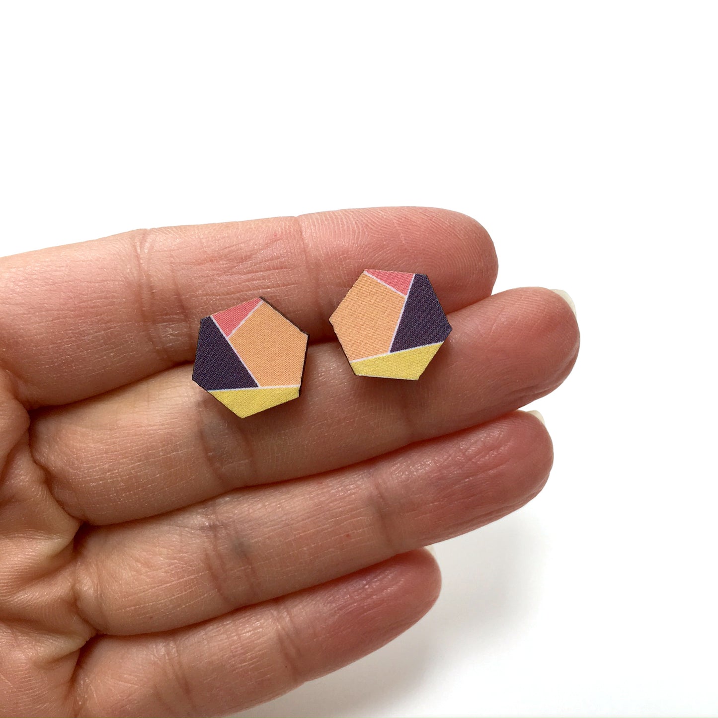 Geometric hexagon wooden stud earrings