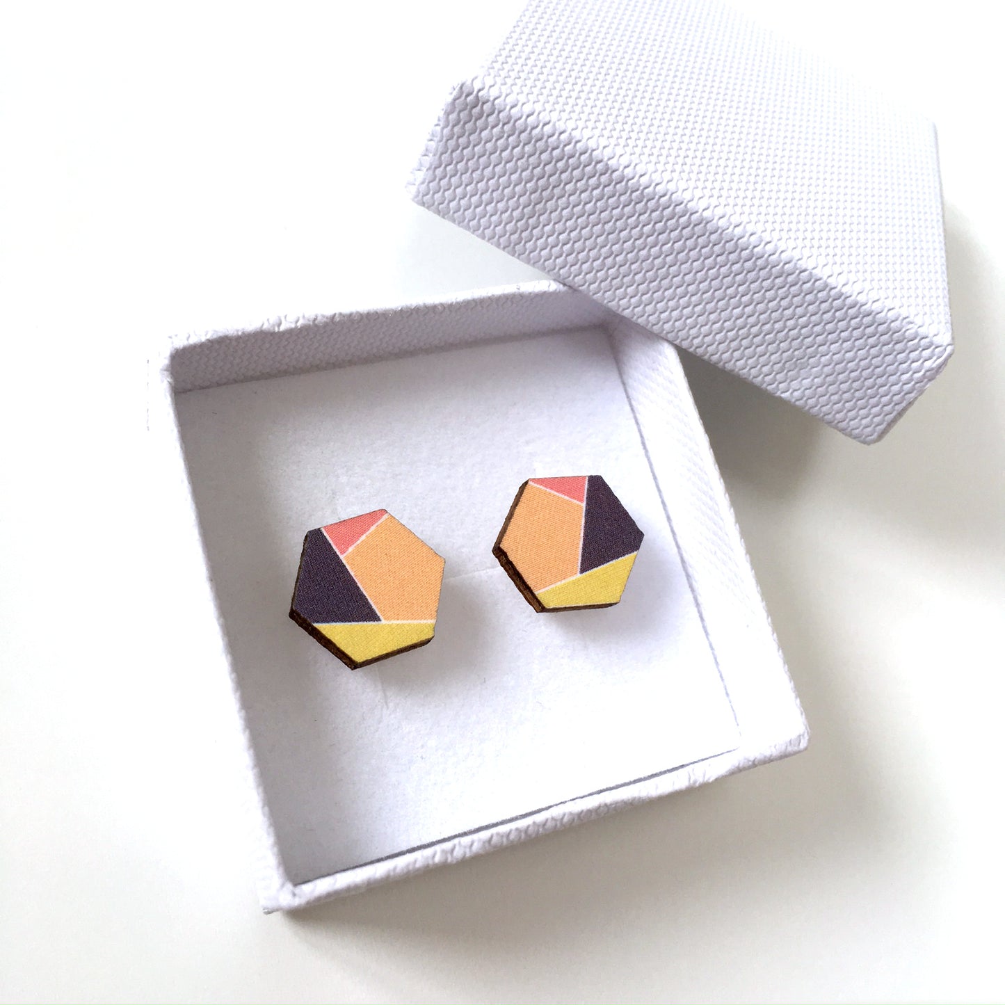 Geometric hexagon wooden stud earrings