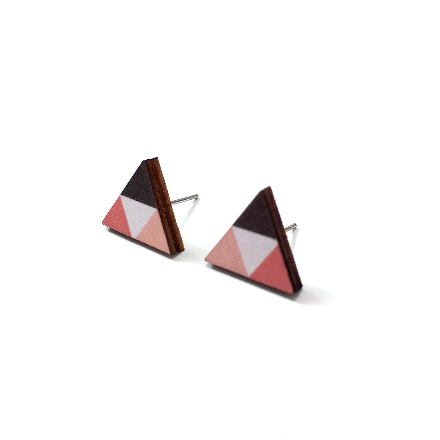 Pink triangle hexagon wooden stud earrings