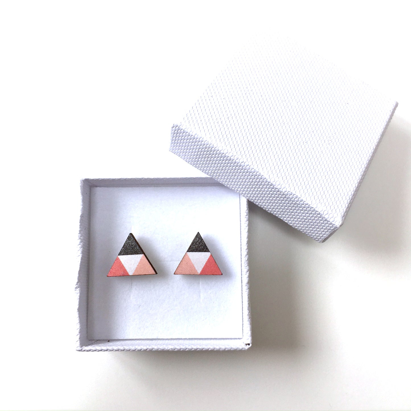 Pink triangle hexagon wooden stud earrings