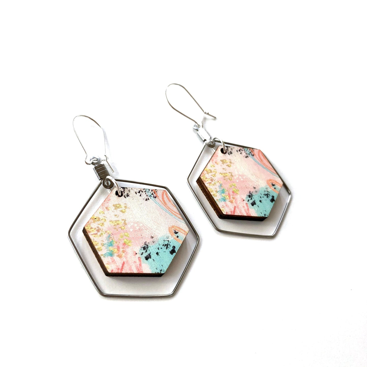 Pink abstract hexagon drop earrings