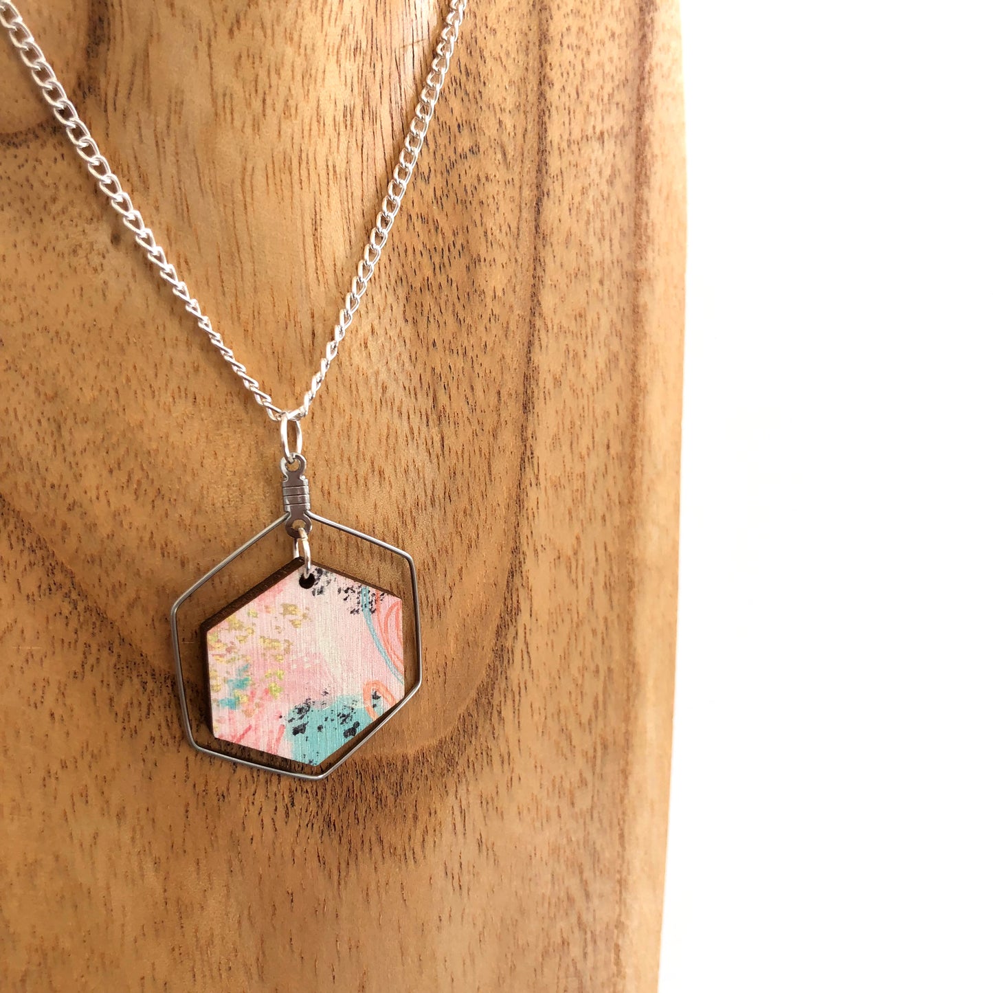 Abstract hexagon statement necklace in pink