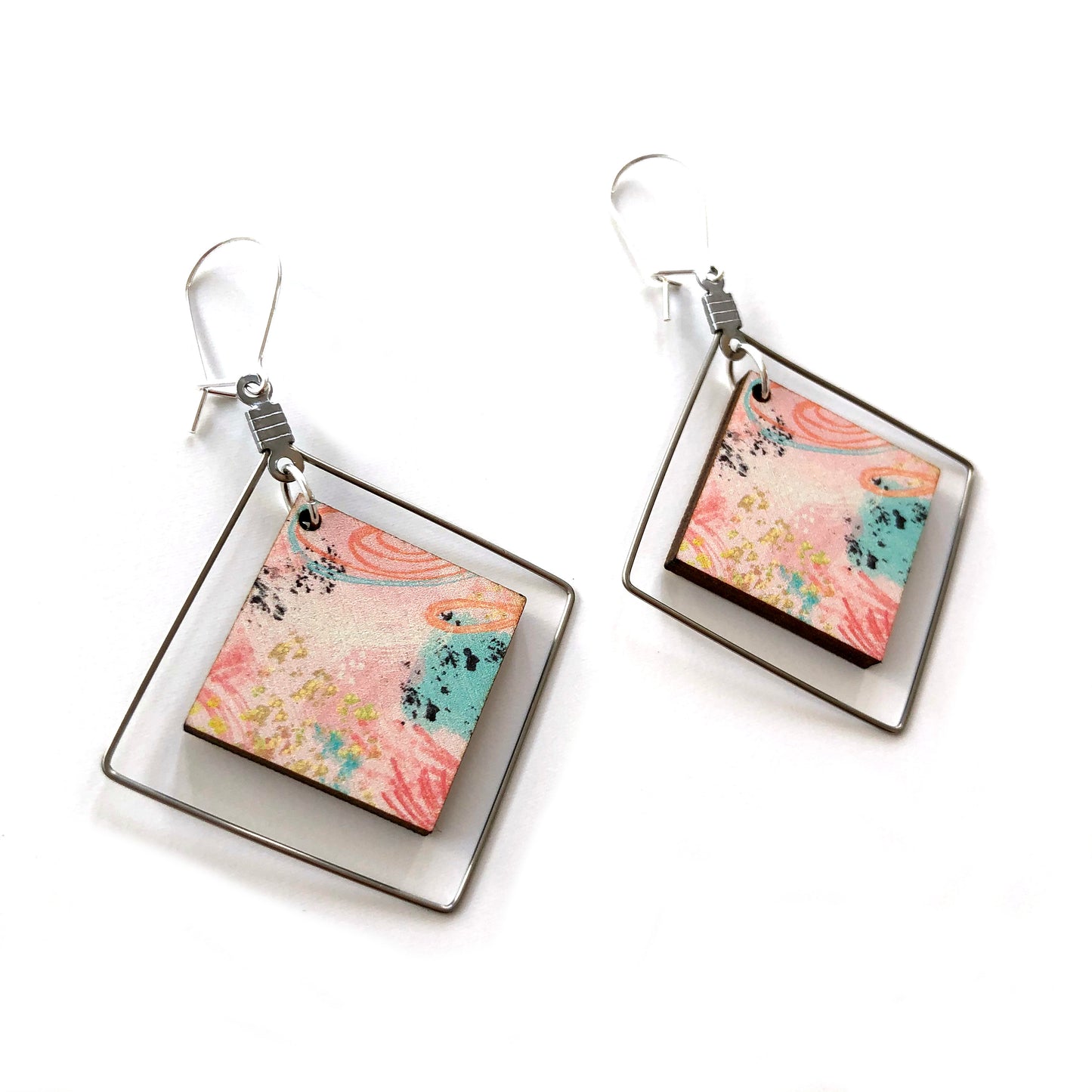 Pink abstract square drop earrings