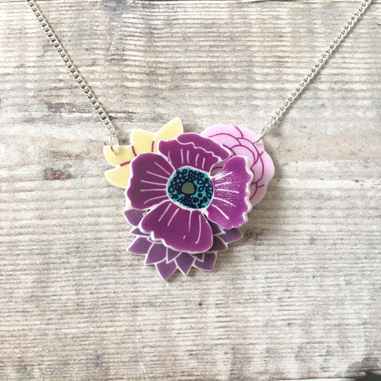 Purple layered flower 3D pendant necklace