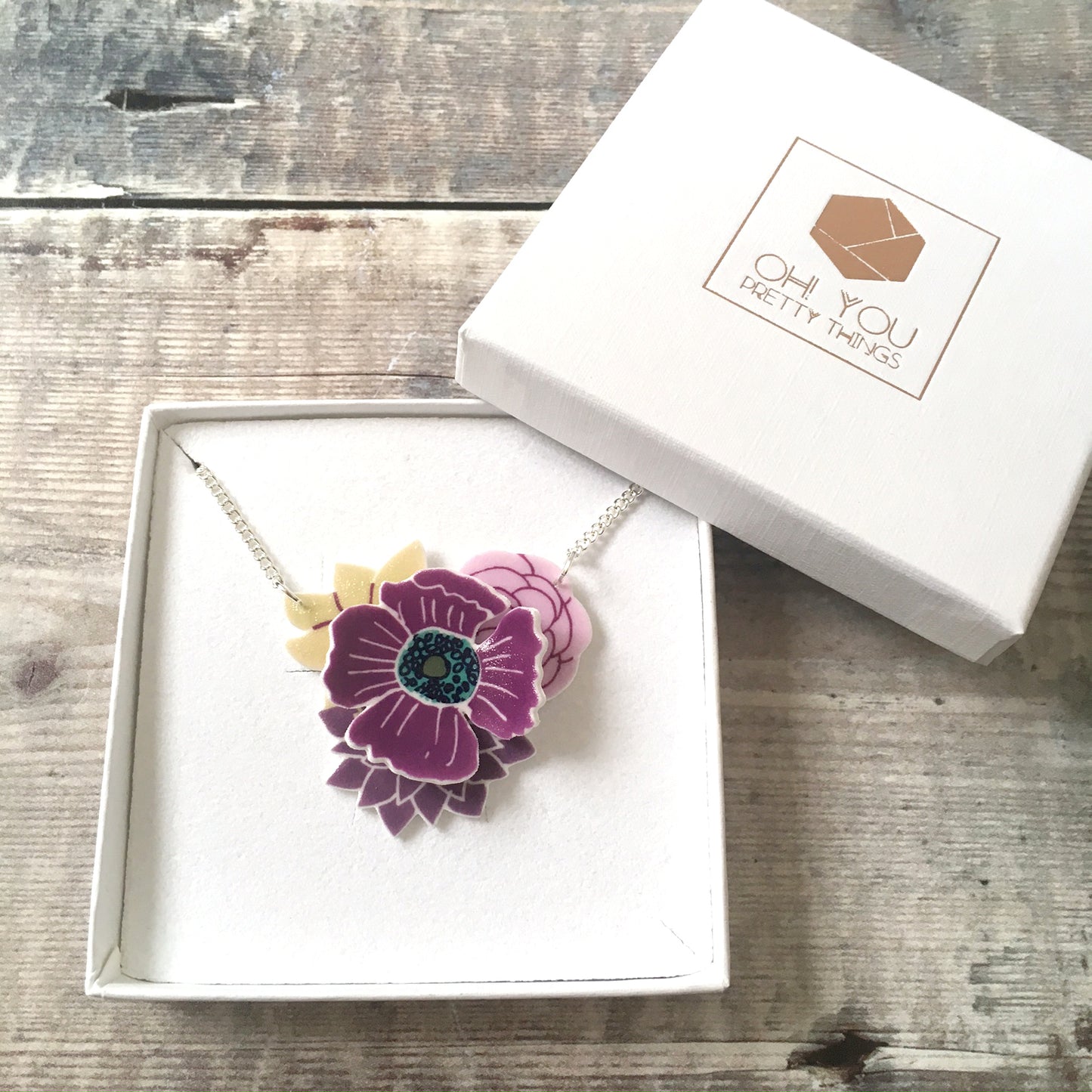 Purple layered flower 3D pendant necklace