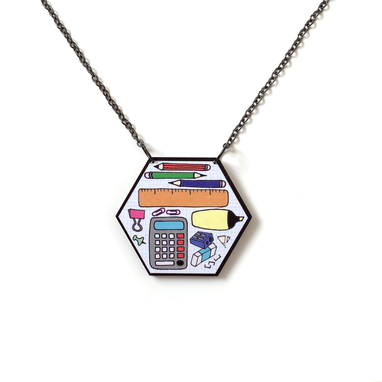 Stationery hexagon pencil case statement necklace