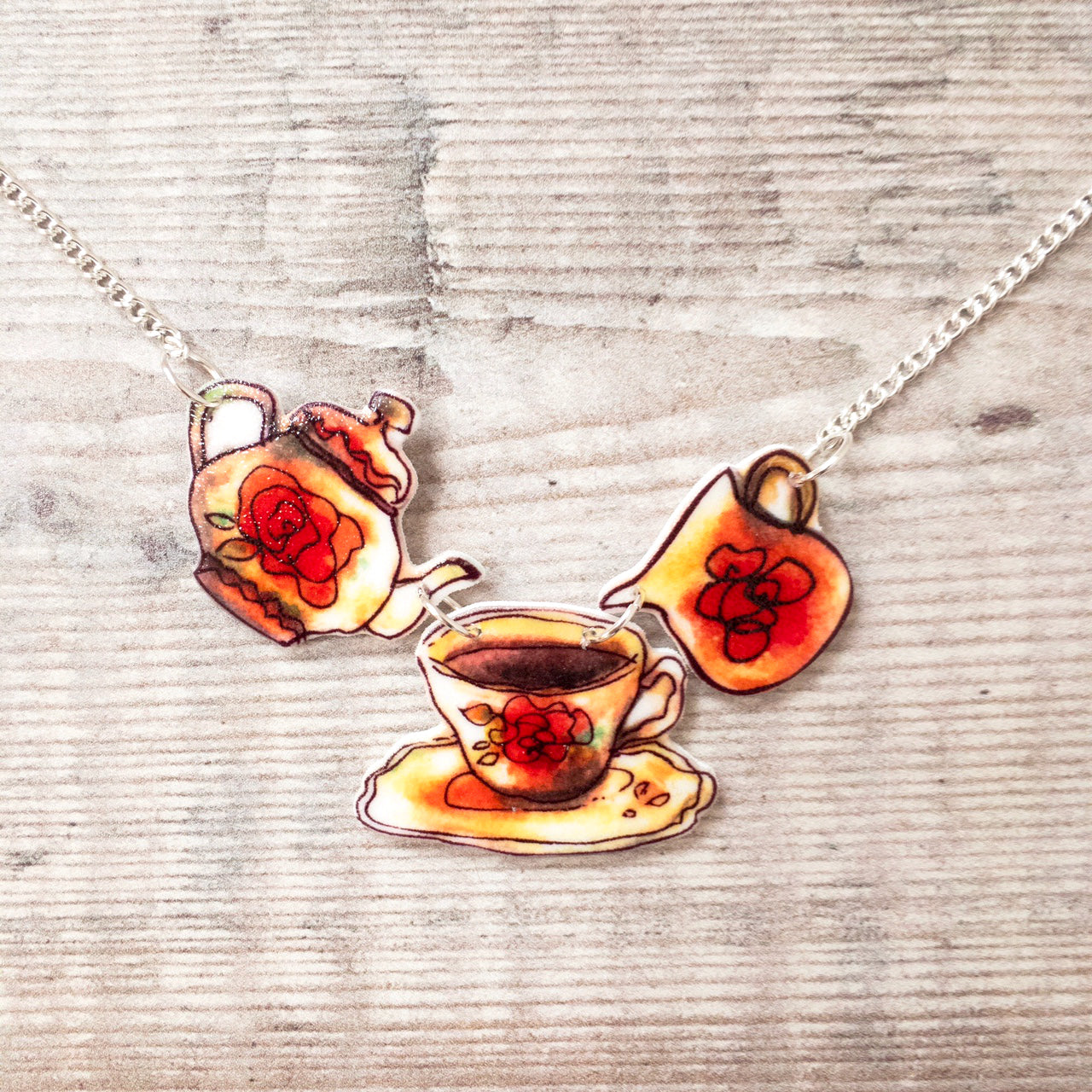 Teapot and tea cup vintage-style necklace