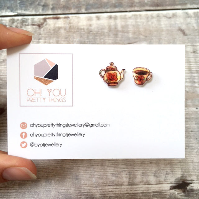 Mis-match tea cup and teapot stud earrings