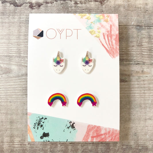 Unicorn and rainbows stud earring gift set