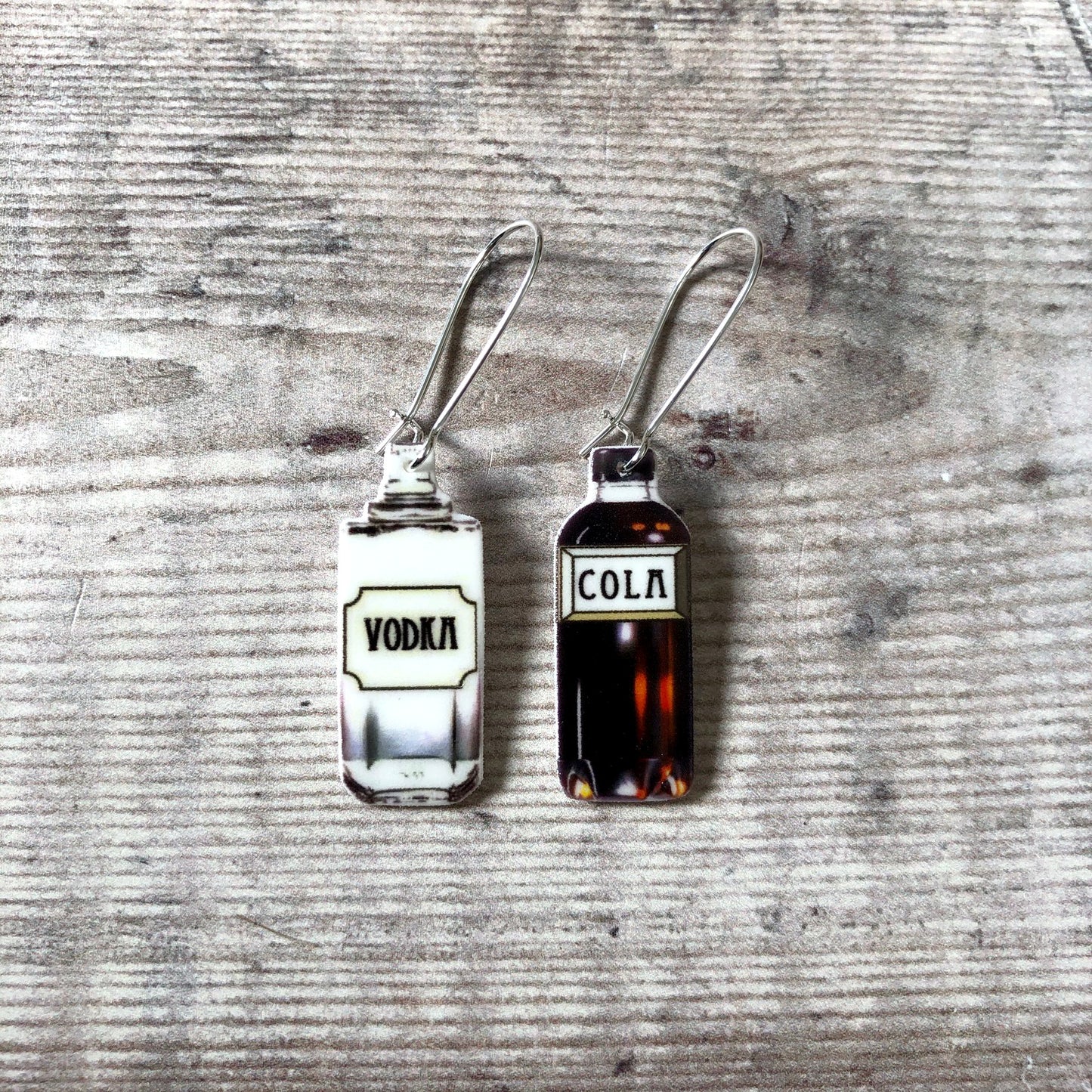 Vodka and cola bottle drop earrings - Quirky friend gift