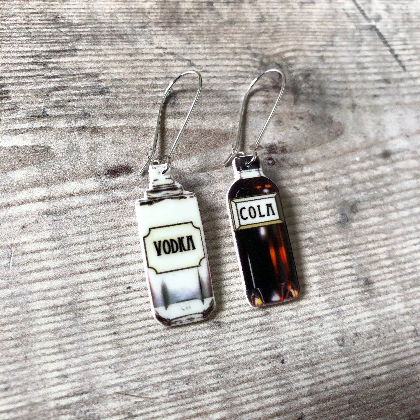 Vodka and cola bottle drop earrings - Quirky friend gift